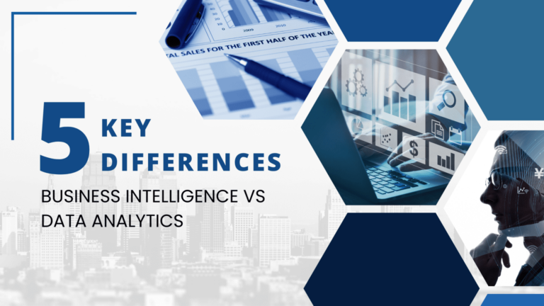 a text that says "5 key differences of business intelligence and data analytics" with a corporate man thinking, analytics image, and paper with text that says " total sales for the first half of the year"