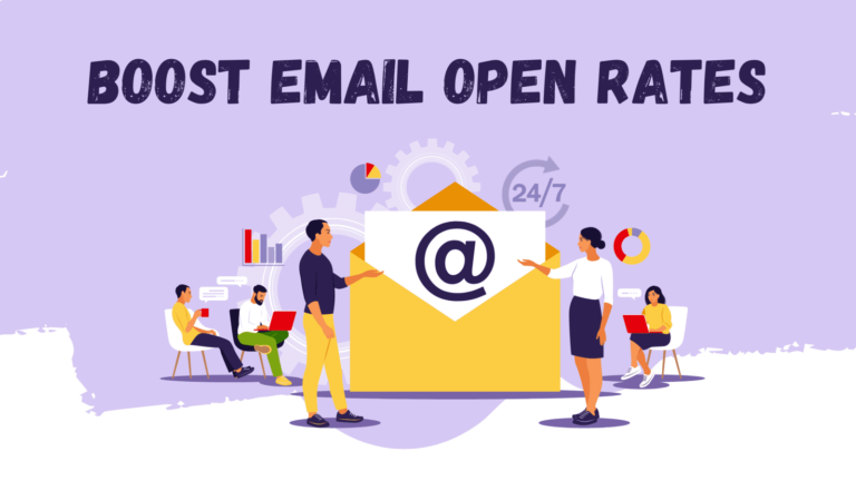 Graphic titled Boost Email Open Rates showing people interacting with a large envelope icon and background icons on a purple backdrop.