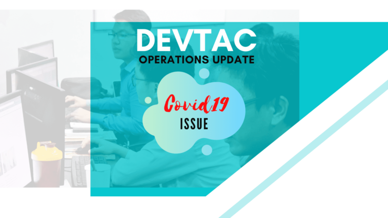 A graphic titled "DEVTAC Operations Update" with a focus on the "Covid19 Issue." The background shows blurred images of two men working at computers. The title is prominently displayed in bold white letters, with "Covid19" highlighted in red within a wavy blue shape. The graphic uses a turquoise color scheme, creating a modern and professional look.