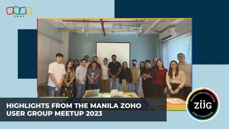 a graphic titled "highlights from the manila zoho user group meetup 2023." the background features a group of people standing behind a white board.