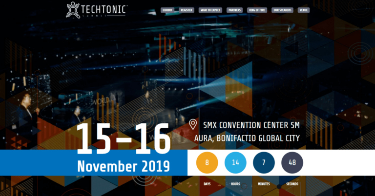 A promotional graphic for the Techtonic Summit, scheduled for November 15-16, 2019, at the SMX Convention Center in Bonifacio Global City. The design features a dark, futuristic background with geometric shapes in shades of blue, orange, and teal. Prominently displayed are a countdown timer showing '8 days, 14 hours, 7 minutes, and 48 seconds' until the event. The event name 'Techtonic Summit' is positioned at the top, accompanied by icons indicating options to exhibit, register, and learn more about speakers and venue.