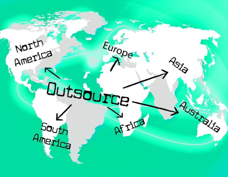 A world map highlighting North America, Europe, Asia, Australia, South America, and Africa, symbolizing global outsourcing opportunities across diverse regions.