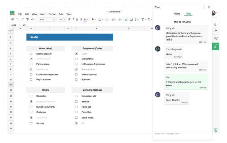 Product mockup showing a To-do checklist in a spreadsheet on the left and a live chat panel on the right labeled Chat, with user messages and timestamps.