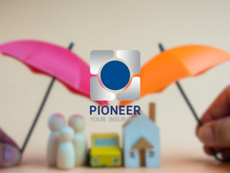 Logo for 'Pioneer Your Insurance' over a blurred background of miniature figures, toy houses, and two colorful umbrellas held by hands.