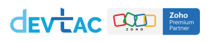 The image shows two logos: 'devtac' in blue lettering on the left, and the Zoho Premium Partner badge with the Zoho multi-colored square links icon on the right.