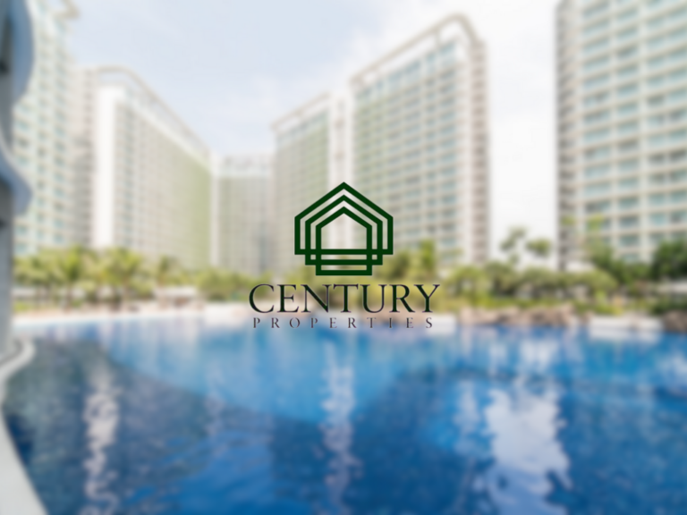 Blurred background of a residential complex with a blue swimming pool; centered overlay logo for 'CENTURY PROPERTIES' featuring a green geometric house icon.