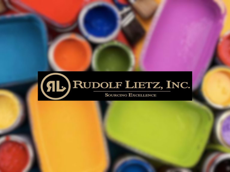 Logo for Rudolf Lietz, Inc. centered over a colorful background of paint cans and palettes.