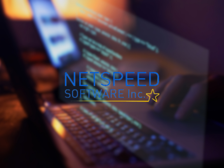 Blurry photo of a laptop keyboard with a glowing screen. A translucent overlay shows the text ‘NETSPEED SOFTWARE Inc.’ in blue, with a yellow star and a thin yellow underline. The background includes colorful lights and a hand on the keyboard, adding a tech-brand vibe.
