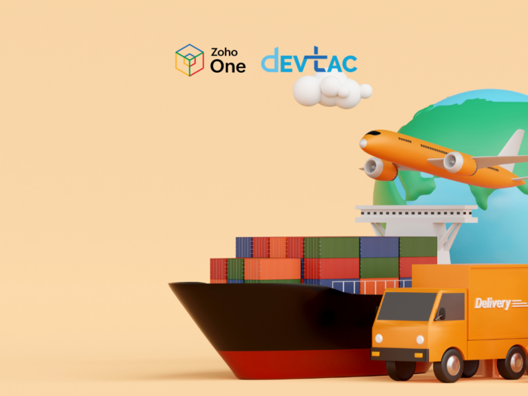 Logo duo Zoho One and DevTac above a shipping port scene with a cargo ship, stacked containers, an airplane, globe, and a delivery truck.