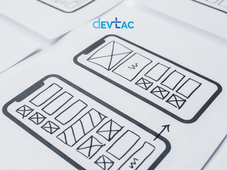 Sketch of two mobile app wireframes with layout blocks and wireframes, DevTac logo at top