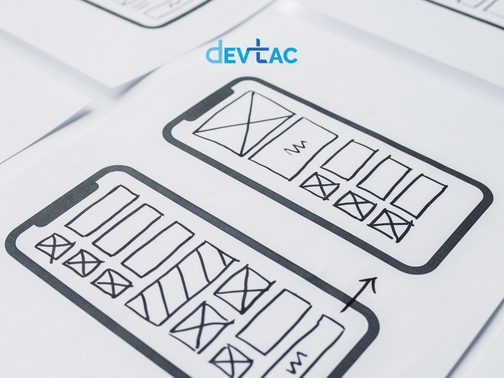 Sketch of two mobile app wireframes with layout blocks and wireframes, DevTac logo at top