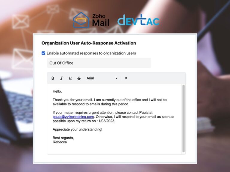 Instructions for setting up Out of Office replies in Zoho Mail, highlighting steps to configure automatic responses for managing email while away