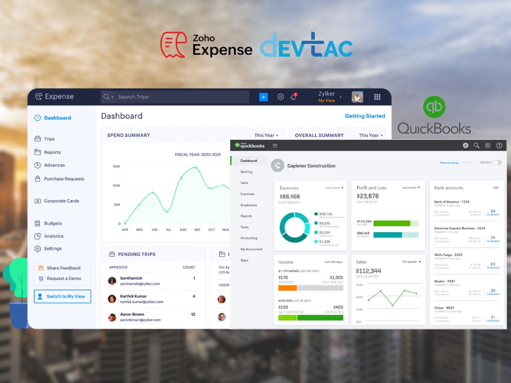 Maximizing Efficiency: How Zoho Expense and QuickBooks Integration Streamlines Business Finances Promotional banner showing Zoho Expense and DevTac logos above overlapping dashboards of expense software and QuickBooks in a blurred city background