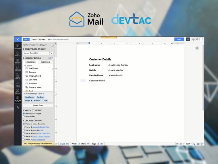 Banner featuring Zoho Mail and Devtac logos above a screenshot of a document merge/edit interface.