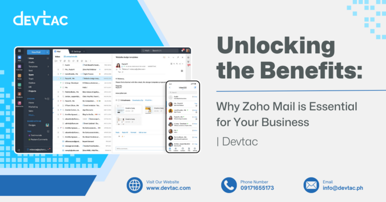 A promotional banner for Devtac showing a laptop and phone screens with the title 'Unlocking the Benefits: Why Zoho Mail is Essential for Your Business' and contact icons.