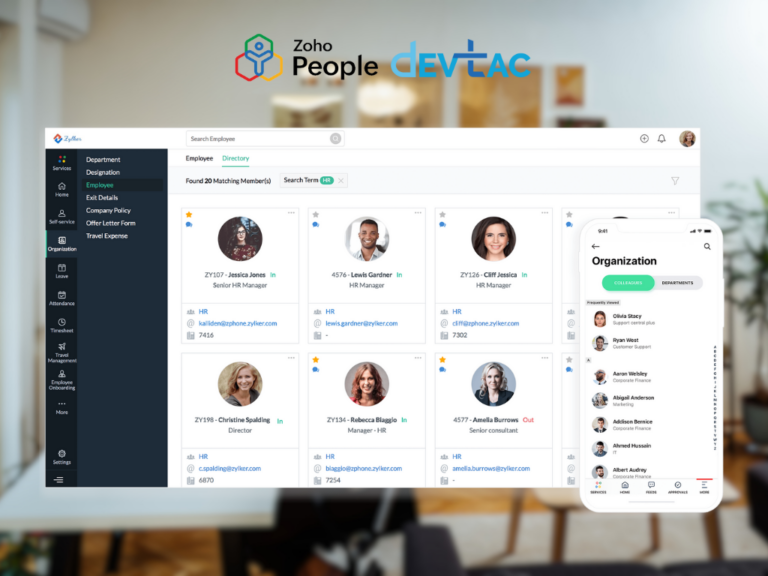 Zoho People and devtac logos above an admin dashboard with employee cards; a mobile app panel titled Organization on the right.