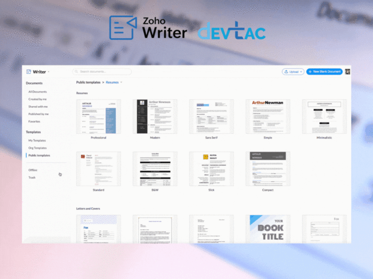 A screenshot of the Zoho Writer interface displaying the "Public templates" section for creating resumes. The interface shows a variety of resume templates including titles such as "Professional," "Modern," "Simplistic," "Standard," and "Compact." The top area includes the Zoho Writer and DevTac logos, alongside options for uploading documents and creating a new blank document. The background is blurred, suggesting a document or writing environment.
