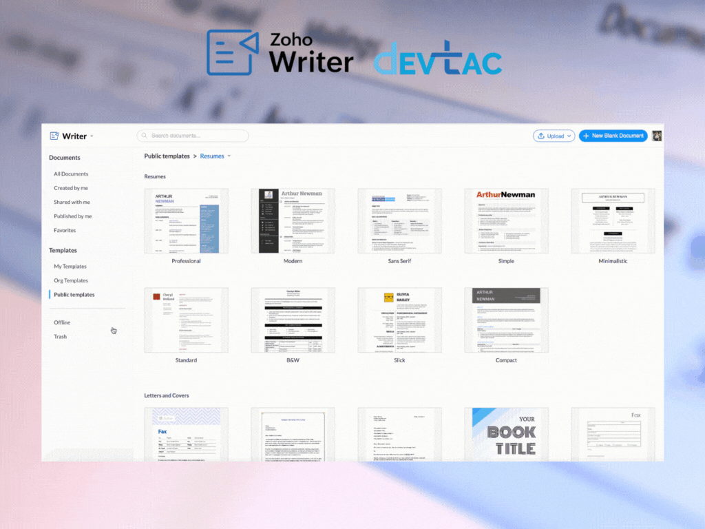 A screenshot of the Zoho Writer interface displaying the "Public templates" section for creating resumes. The interface shows a variety of resume templates including titles such as "Professional," "Modern," "Simplistic," "Standard," and "Compact." The top area includes the Zoho Writer and DevTac logos, alongside options for uploading documents and creating a new blank document. The background is blurred, suggesting a document or writing environment.