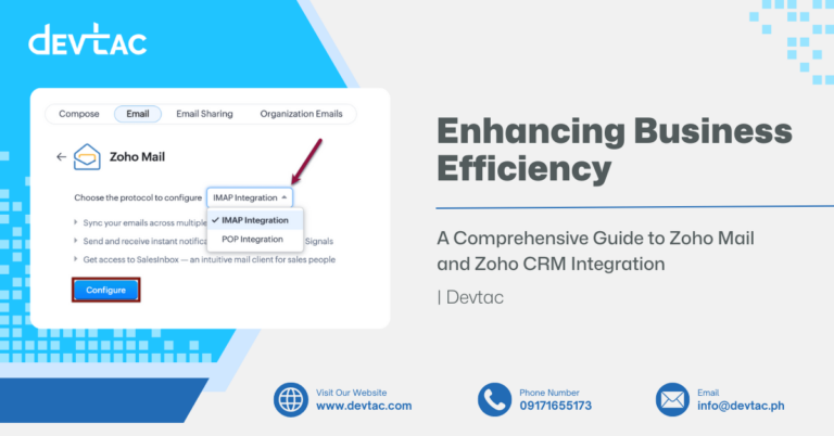Screenshot-like banner showing a Zoho Mail integration setup in an app, with a dropdown selecting IMAP Integration and a Configure button, alongside the heading ‘Enhancing Business Efficiency’.