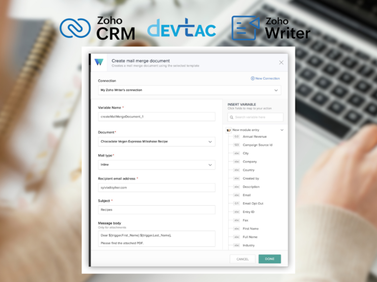 A screenshot of a digital interface for creating a mail merge document. The interface includes fields for connecting to Zoho Writer, specifying a variable name, choosing a document titled "Choccolate Vegan Expresso Milkshake Recipe," selecting mail type as "Inline," and entering recipient email details. There are sections for inserting variables related to recipient information, such as first name and last name, and a message body prompt addressing the recipient. Logos for Zoho CRM, DevTac, and Zoho Writer are displayed at the top.
