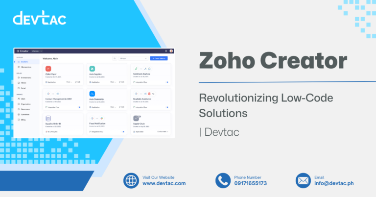 Zoho Creator showing a dashboard on the left and title with subtitle on the right