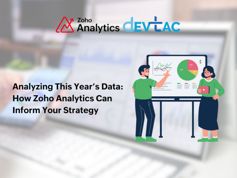An illustration featuring two individuals presenting data on a whiteboard. One person, wearing a green shirt, points to a line graph, while the other, in a green sweater, holds a tablet. The background shows a blurred laptop screen, and the text "Analyzing This Year’s Data: How Zoho Analytics Can Inform Your Strategy" is displayed prominently. The logos for Zoho Analytics and DevTac are in the top corners.