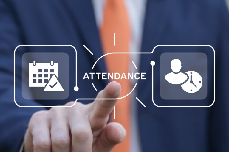 Close-up of a person in a suit pressing a transparent futuristic interface that reads 'ATTENDANCE' in the center. To the left is a calendar with a checkmark tag icon, and to the right are icons representing a person and a clock. The UI elements are outlined in rounded rectangles with connecting lines, giving a high-tech attendance-tracking visualization.
