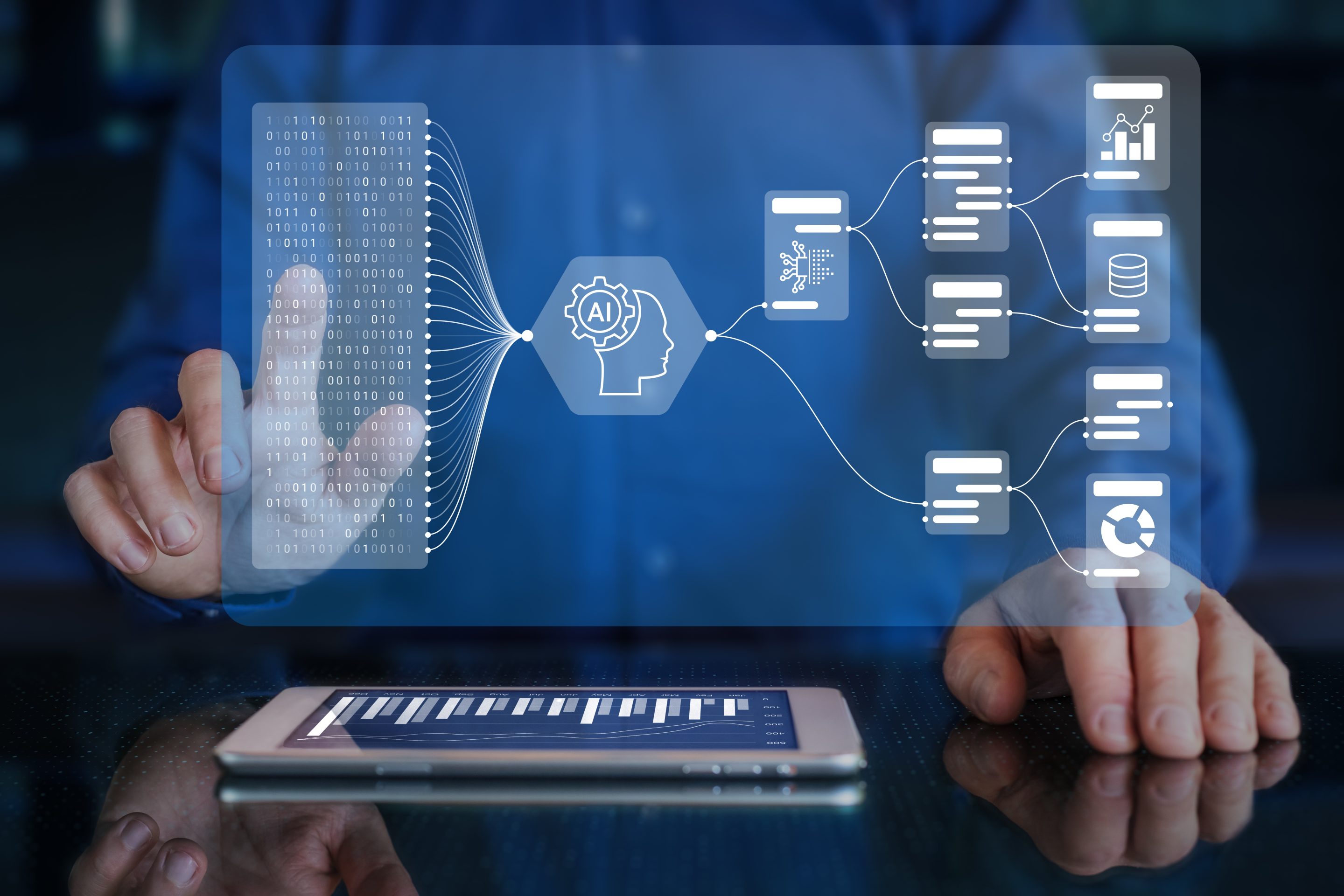 Businessman touching Virtual Screen with Decision-Making Tech