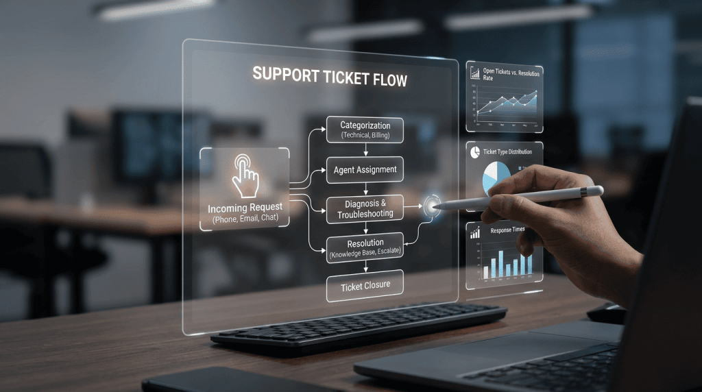 A hand using a stylus on a transparent digital screen displaying a "Support Ticket Flow" chart and data metrics.