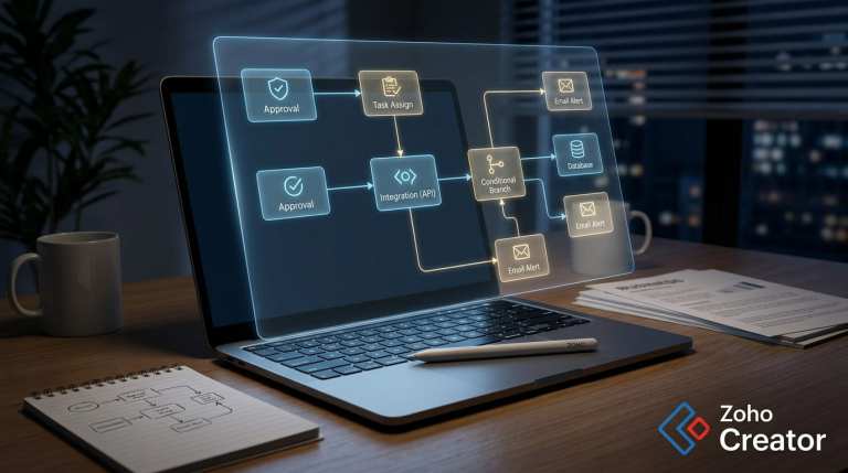 Laptop on a desk showing a glowing Zoho Creator workflow chart with steps like Approval, Integration, and Email Alert.