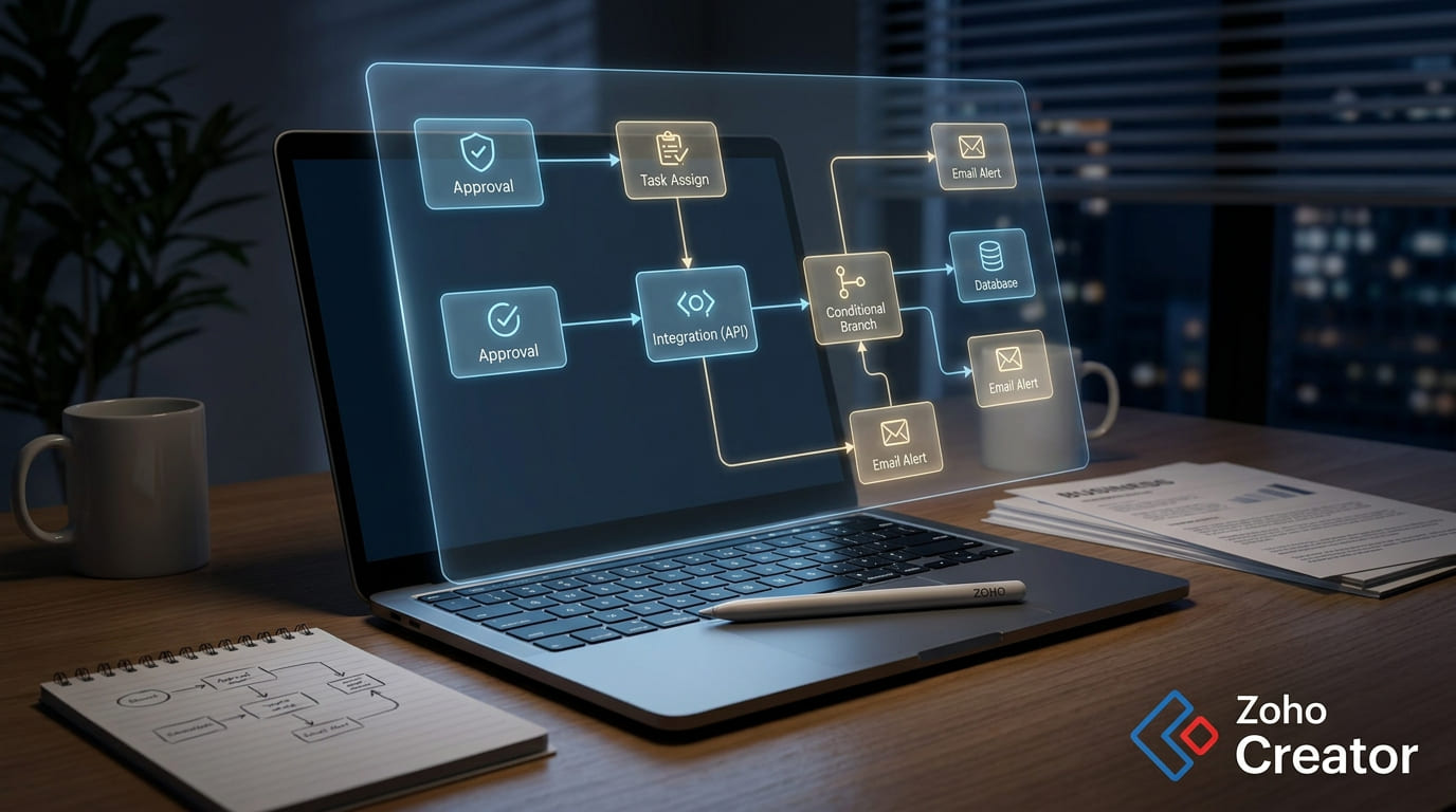 Laptop on a desk showing a glowing Zoho Creator workflow chart with steps like Approval, Integration, and Email Alert.