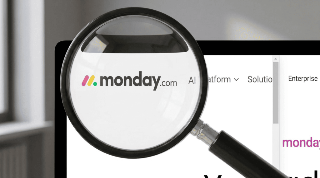 Magnifying glass over a computer screen displaying the monday.com website logo and navigation