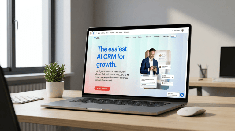 Zoho CRM homepage displayed on a laptop screen