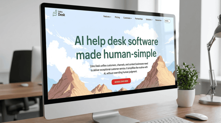 Zoho Desk website displayed on a desktop monitor, showcasing its AI-powered help desk software 