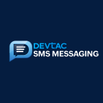 Devtac SMS Messaging logo featuring a blue speech bubble icon and the text “DEVTAC SMS MESSAGING” on a dark blue background.